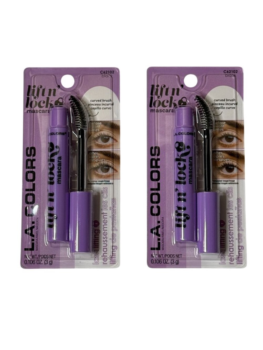 L.A. Colors Lift N Lock Black Mascara Curved Brush 2 Pack New